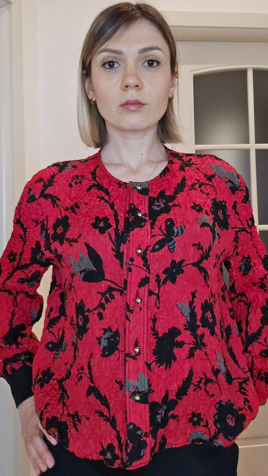 Rosso ciliegia silky flowers bomber jacket